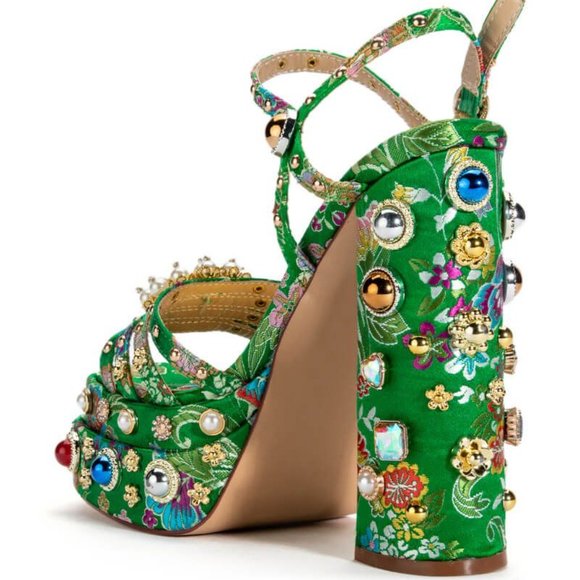 Callie Xhibit: Museum Platform Jeweled Tapestry Gold Pearl Heels - Picture 3 of 6